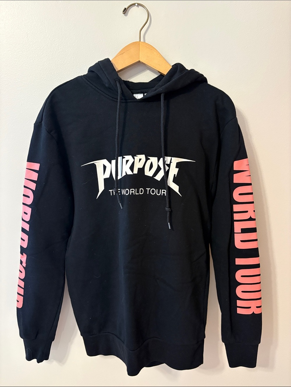 Justin Bieber Black Hoodie with Pink Sleeve Lettering by Divided